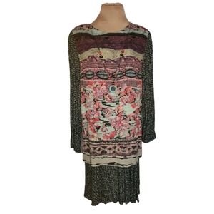 Vintage 90s Carole Little Petite Boho Floral Border Dress Attached Necklace 10P